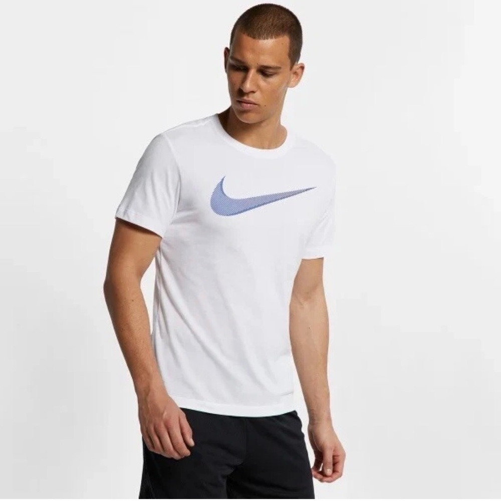 Nike Dri-Fit Men's White with Royal Blue Swoosh Short Sleeve Cotton/Poly Shirt